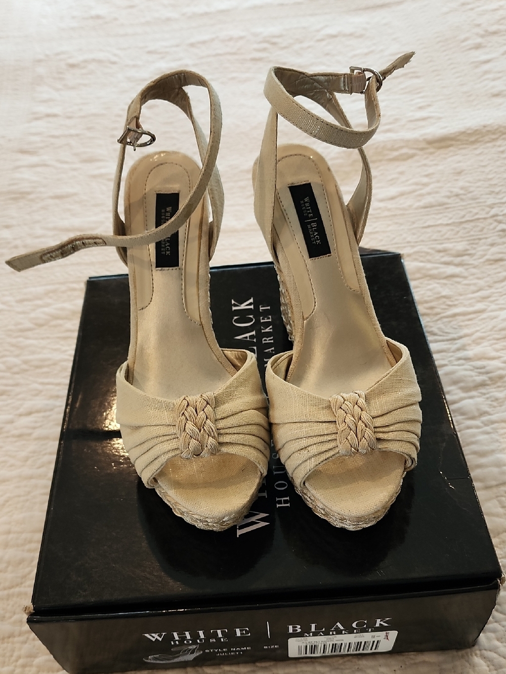 White House Black Market Beige Braided Peep-Toe Espadrille Wedges